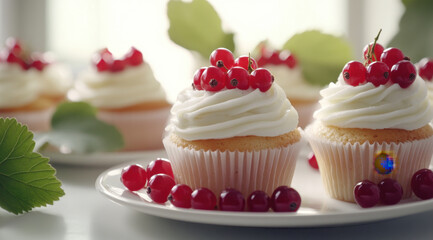 Delicious red currant cupcakes topped with creamy frosting and fresh berries create delightful dessert display. Perfect for celebrations or sweet treat!