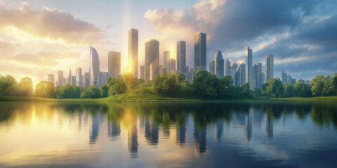 Fototapeta premium Futuristic Cityscape Partnering for Sustainability, Sunrise Scene