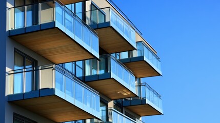 Fototapeta premium Modern Architectural Design Featuring Stylish Balconies and Clear Glass Railings Against a Bright Blue Sky in a Contemporary Building Structure