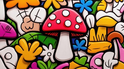 Colorful Cartoon Mushroom Doodle Art Background Illustration