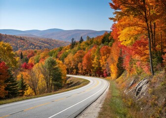 Fototapeta premium Scenic Autumn Road Trip: A Captivating Journey Through Fall Foliage, Colorful Landscapes, and Open Roads with Copy Space for Travel Inspiration and Adventure Ideas