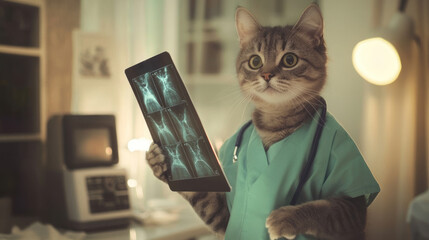 Cute cat  dressed as a doctor examining X-rays