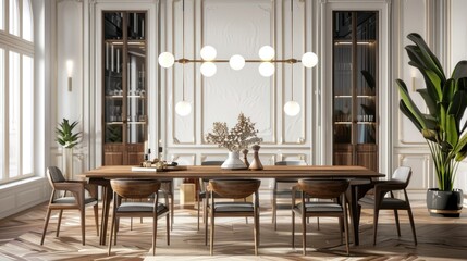 Obraz premium 3D rendering of elegant dining room with wooden table and stylish chairs