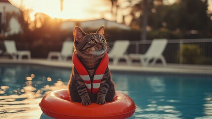 Cute cat as a lifeguard at water pool