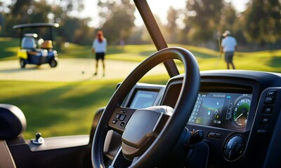 Close-up of a golf cart's steering wheel with a blurred golfer in the background. - Powered by Adobe