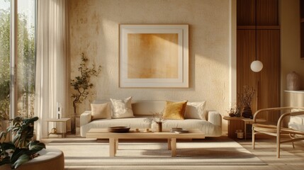 Elegant and Minimalist Living Room Design Featuring Neutral Tones, Natural Light, and Contemporary Decor Elements in a Cozy Atmosphere