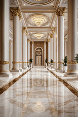 A long hallway with columns and a chandelier in a building