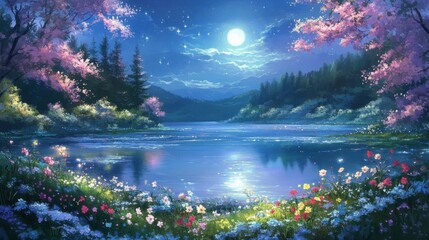 Moonlit Enchantment: A Tranquil Anime Landscape