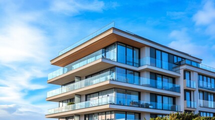 Obraz premium Modern Architectural Design of a Luxury Apartment Building with Glass Balconies and Scenic Sky View