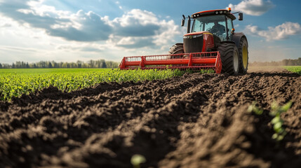 Obraz premium Tractor working on farm field, tilling soil and preparing for planting. vibrant green crops contrast with rich brown earth, showcasing agricultural activity and productivity