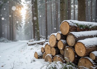 Scenic Woodland Winter Landscape with Bokeh Effect and Pile of Cut Pine Tree Trunks Surrounded by Snow-Covered Ground and Frosty Forest Trees, Perfect for Nature and Seasonal Themes