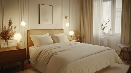 Cozy and Elegant Bedroom with Natural Light, Soft Textures, and Minimalist Decor Showcasing Modern Aesthetic and Serene Atmosphere for Relaxation and Rest