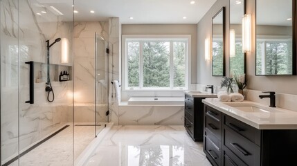 Modern bathroom with glass shower, bathtub, and double vanity