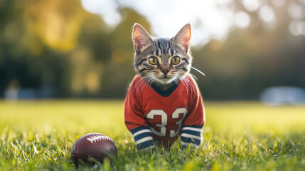 Cute cat dressed  as a football player