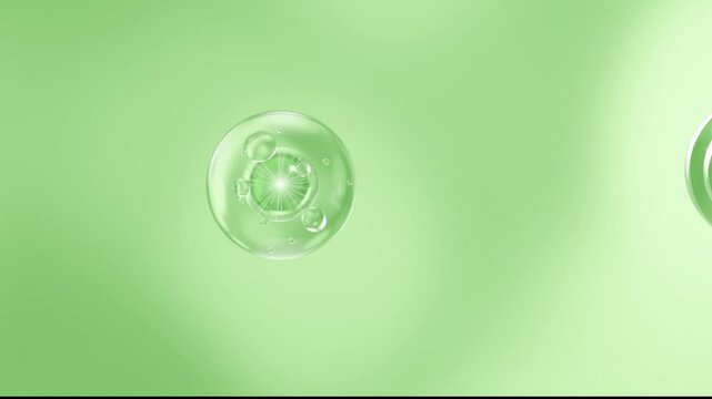 The 3D rendered illustration for beauty care product advertisement with front view on a green backdrop features the process of two essence bubbles into a complete compound bubbles and falls