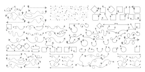 Airplane or aeroplane routes path. Aircraft tracking plane path, travel, map pins, location pins.