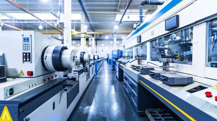 Futuristic factory interior with a variety of advanced manufacturing automation equipment and industrial machinery  High tech robotic systems conveyor belts electronic control panels