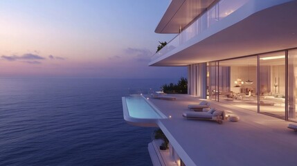 Fototapeta premium Modern luxury villa overlooking ocean at sunset, featuring infinity pool, spacious terrace, elegant interior design, and serene seascape backdrop with tranquil ambiance