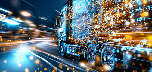 Truck transporting goods urban environment digital innovation night scene motion concept for supply chain security risks