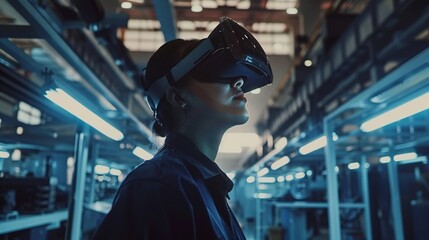 Person wearing virtual reality headset exploring a futuristic simulated digital landscape or environment  Concept of advanced technology innovation and immersive experiences in the digital realm