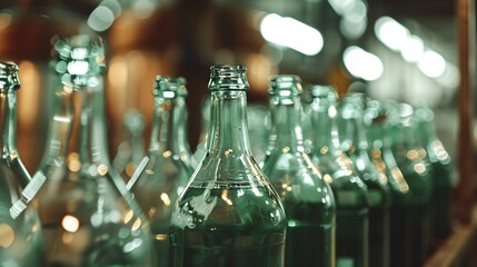 Rows of vintage antique glass bottles displayed on shelves in an industrial commercial setting such as a store market bar or restaurant  The bottles have a retro