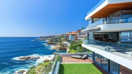 Fototapeta premium Modern beachfront luxury property with stunning ocean views and pristine coastal landscape overlooking clear blue waters in a vibrant seaside neighborhood.