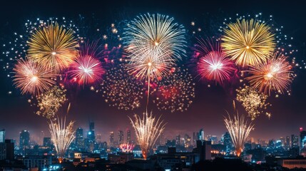 Obraz premium A vibrant New Year party scene featuring colorful fireworks lighting up the night sky above a city skyline, with sparkling lights and decorations.