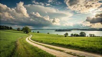 Serene Field Road Surrounded by Lush Green Grass and a Tranquil Lake Under a Beautiful Sky with Fluffy Clouds and Bokeh Effect for a Dreamy Nature Scene