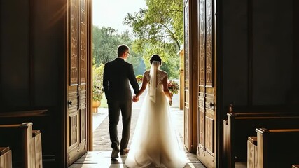 Couple walks hand in hand out of a charming chapel into sunlight after their wedding ceremony in a scenic outdoor setting