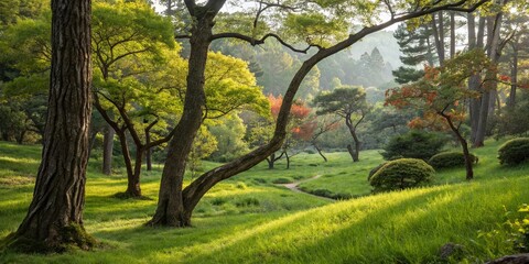 Serene Forest Landscape Painting Featuring Lush Green Trees and Vibrant Grass in a Tranquil Natural Setting, Ideal for Nature Lovers and Home Decor Enthusiasts