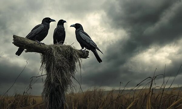 Three crows perched on a straw-covered post against a moody sky over a field.