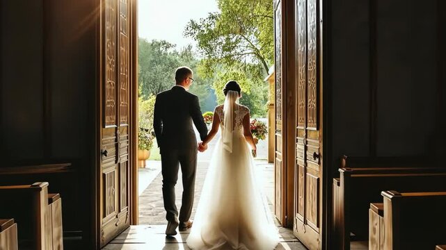 Couple walks hand in hand out of a charming chapel into sunlight after their wedding ceremony in a scenic outdoor setting