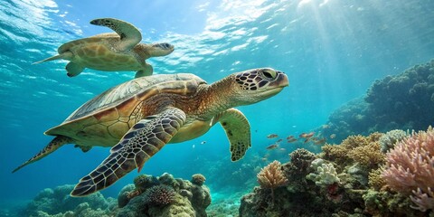 Obraz premium Serene Green Sea Turtles Swimming Gracefully in Clear Blue Waters with a Focus on Natural Habitat, Perfect for Educational and Conservation Themes