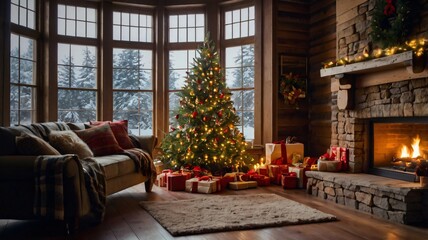 Cozy winter living room with a decorated Christmas tree and fireplace surrounded by gifts on a snowy day