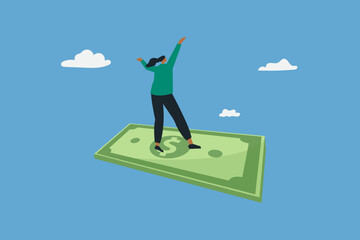 woman riding money flying dollar sign, concept in financial freedom, surfing above the clouds.