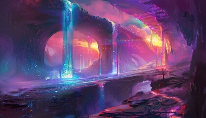 A fantasy landscape with waterfalls, glowing lights, and rocky formations