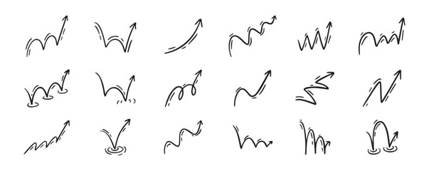 Bounce effect arrows doodle set. Manga and comic stile arrow design elements. Ball jump trajectory, ball motion expression