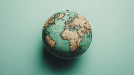 globe showcases detailed map of world, highlighting continents and oceans with vintage design. Its vibrant colors and intricate details evoke sense of exploration and curiosity