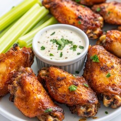 A plate of crispy baked chicken wings with a side of celery sticks and ranch dipping sauce, served on a white plate, Chicken wings centered with a small bowl of ranch sauce