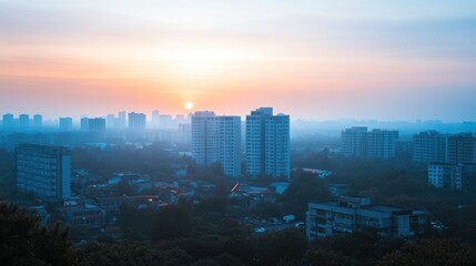 Fototapeta premium Cityscape with Tall Buildings and a Setting Sun