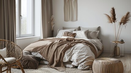 3D rendering of cozy bedroom with neutral decor and soft bedding