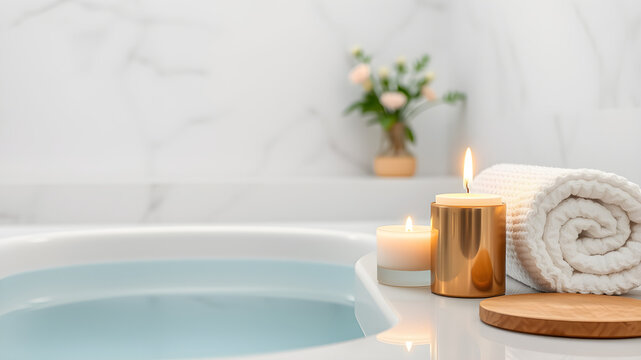 A serene bathroom scene with a lit candle, rolled towel, and a bathtub filled with water, inviting relaxation and self-care