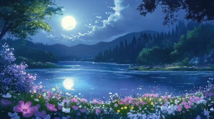 Moonlit Enchantment: A Tranquil Anime Landscape