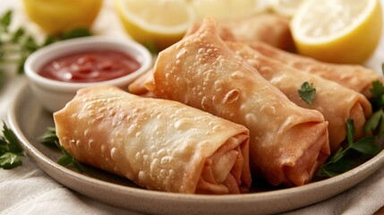 Delicious Golden Spring Rolls Served with Lemon Slices and Sweet Dipping Sauce on a Rustic Wooden Table Perfect for Asian Cuisine Lovers