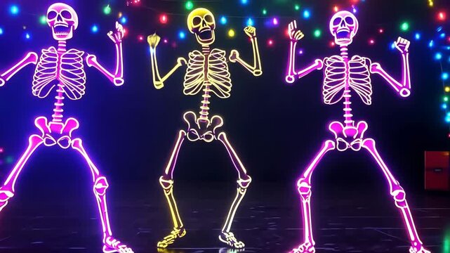 Colorful dancing skeletons perform lively routines at a festive event in a vibrant venue during the Halloween season