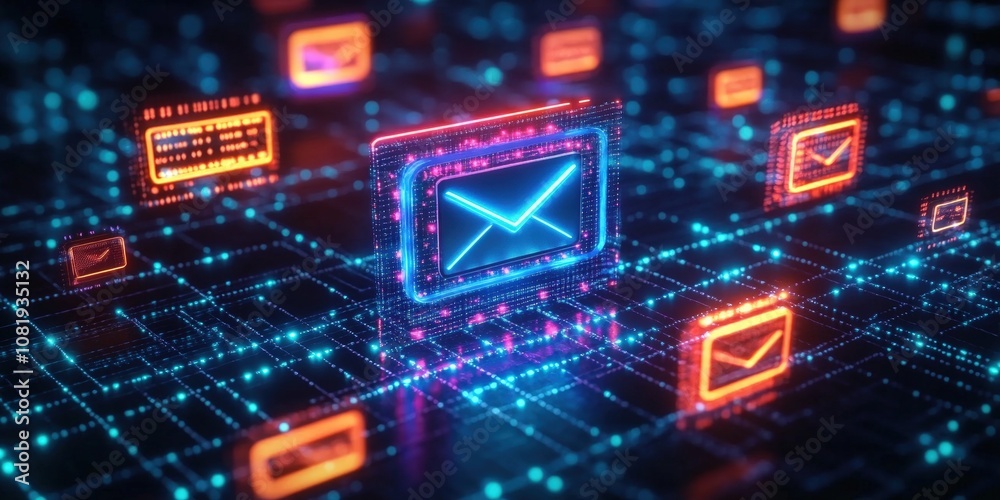 Poster futuristic digital email communication concept with glowing neon icons on a virtual grid display rep
