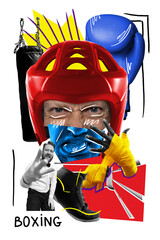 Artistic boxing collage with person in red helmet, boxing gloves, referee, highlighted with...