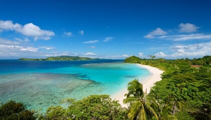 Obraz premium The Stunning Coastal Landscapes and White-Sand Beaches of Fiji, Surrounded by Crystal-Clear Waters, Vibrant Coral Reefs, and a Rich Mix of Traditional Fijian Culture and Relaxed Island Life