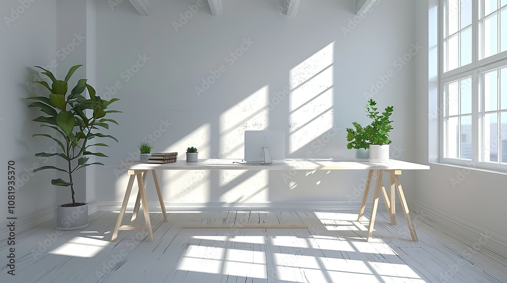 Poster 3d rendering of contemporary office space with minimalist desk and bright windows
