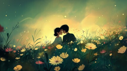 minimalist cartoon illustration of couple lover  kissing in dreamy flower blossom whimsical romantic atmospheric